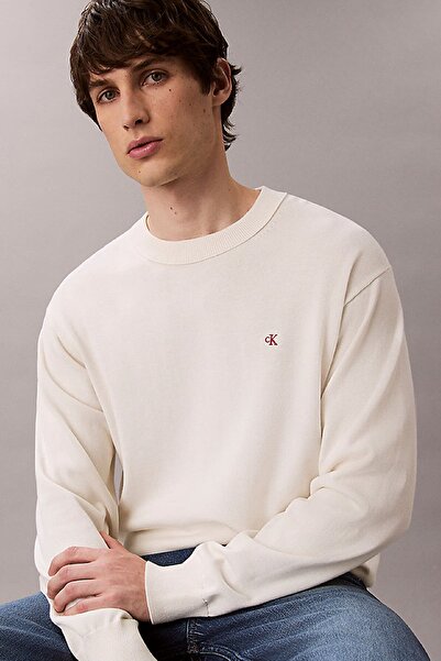 Calvin Klein Erkek Relaxed Fit Monogram Nakışlı Bisiklet Yaka Kazak - Krem