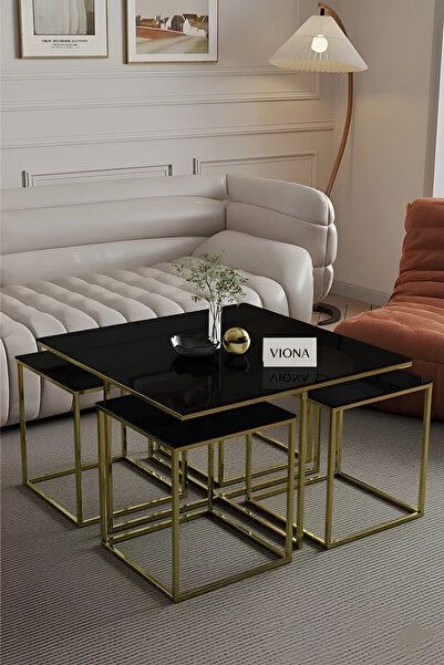 VIONA HOME Combot 5'li Gold Kaplama Siyah Aynalı Orta Sehpa & Zigon Sehpa & Yan Sehpa