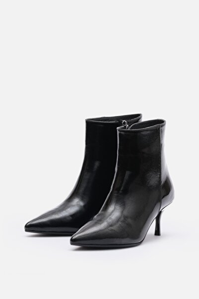 Bestyle Noir Women's Black Genuine Patent Leather Thin Heeled Zippered Boots