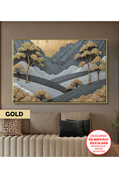 Harikabirev | GOLD-GRİ VADİ-AĞAÇ MANZARA MODELİ | ÇERÇEVELİ KANVAS TABLO CKYATAY