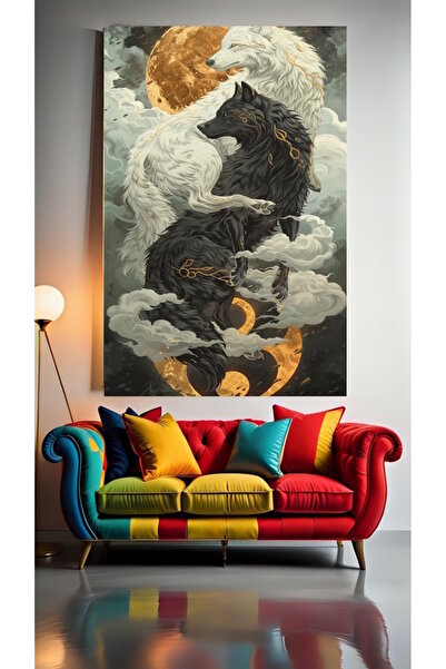özkacar DOUBLE WOLVES 4 Tablou pe pânză pentru decorarea casei, perete, salon...