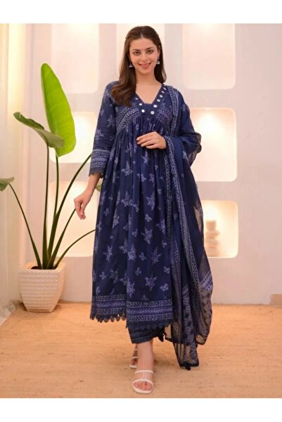 MYSMAR طقم سلوار قميص ودوباتا من القطن الفيسكوز باللون الأزرق الداكن - ALV206...