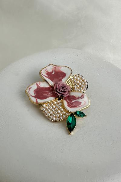 Modex Altın Sarısı Gül Detay İncili Çiçek Broş (4cm)