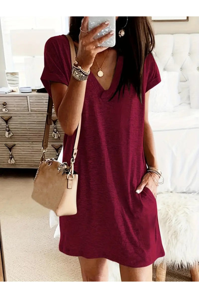 Wear Up Women's Short Sleeve V Neck Short Viscose Dress with Pockets