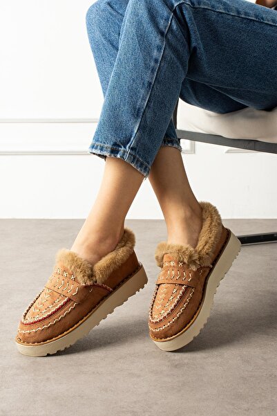 ShoeTek Liyi pentru femei, cu blană interioară scurtă, cu talpă ușoară, piele de căprioară maro