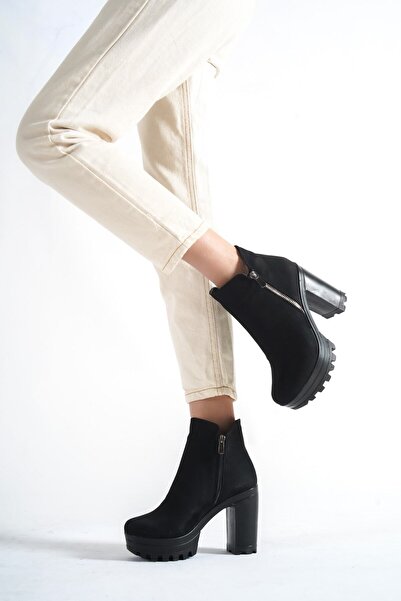 BİKAJOO Siyah Süet Kadın Platform Topuklu Fermuarlı Su Geçirmez Kışlık Bot & Botie BKJ0274