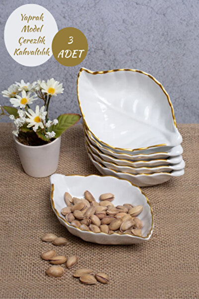Hilamingo Home 3'lü Gold Yaldızlı Beyaz Yaprak Model Çerezlik/ Kahvaltılık