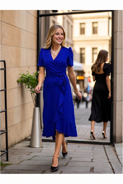 Wear Up   Women's Double Breasted Collar Midi Length Belted Crepe Dress 120 Cm