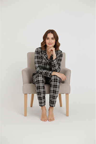 Bravie Set de pijamale pentru femei cu mâneci lungi, din viscoză, negru, alb, cu model în carouri – 42575