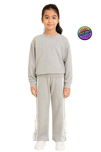 ww waka waka kids store Girl's Sweatpants with Gray Stripes, Pink Stones, and Navy Blue Print
