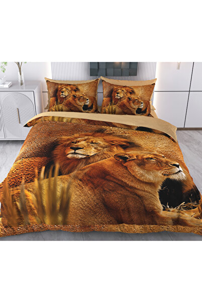 Evimemoda Lion Couple Pattern Digital Printed 3D 3D Double Duvet Cover Set Co...