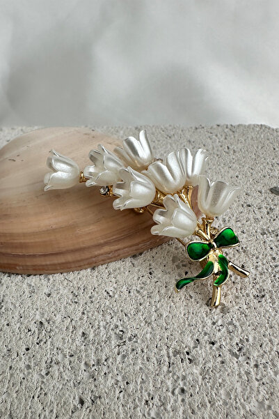 Modex Altın Rengi Yeşi Mineli Fiyonk Detay Laleler Broş (6cm)