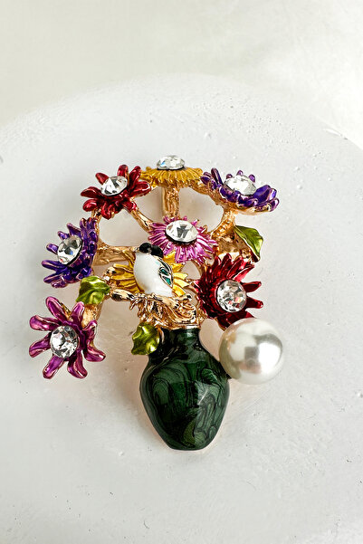 Modex Altın Sarısı Kuş Ve İnci Detay Renkli Saksıda Çiçek Broş (6cm)