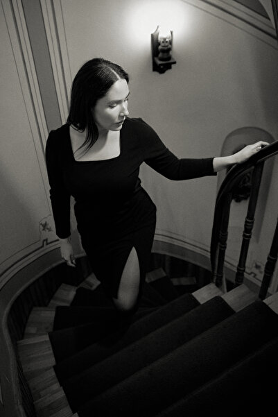 RUSK Plus Size Square Neck Slit Detail Gathered Dress