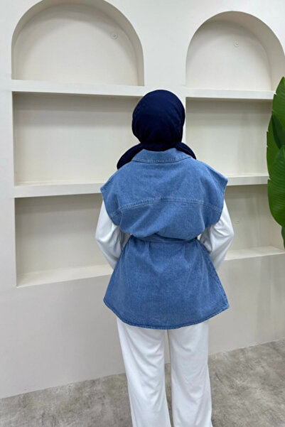 onlymoon Women's Denim Vest ♦   Light Blue ♦   Double Pocket Belted ♦   Modern Casual Stylish Combination ♦   Denim Jacket