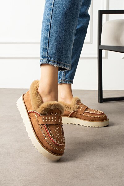 ShoeTek Liyi pentru femei, cu blană interioară scurtă, cu talpă ușoară, piele de căprioară maro