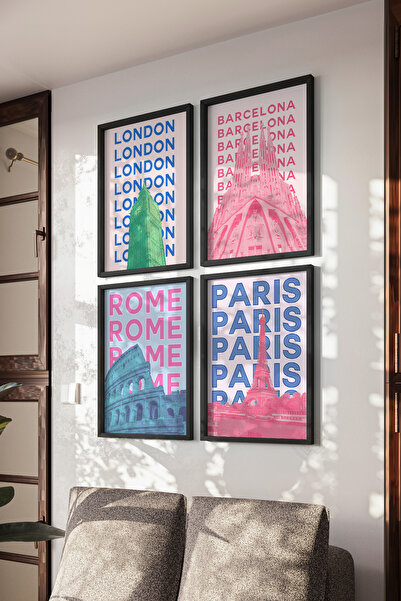 Basquiart Poster cu rame negre, ediție 4 orașe celebre, set de picturi nr:58