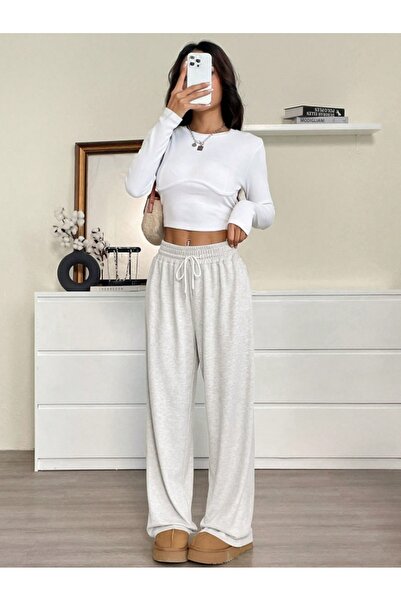 ELASSEL Χειμερινό γκρι γυναικείο φαρδύ παντελόνι σε μεγάλο μέγεθος, με χαλαρή...