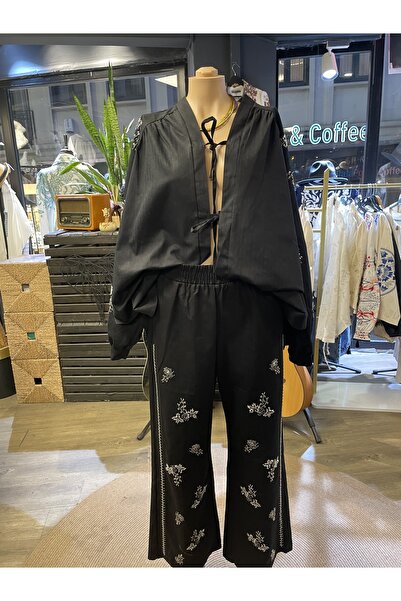 Dadali Women's Stone Embroidered Cotton Front Tie-Up Bottom-Top Two-Piece Set