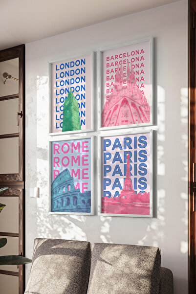 Basquiart Poster cu rame albe, set de 4, cu orașe celebre, set de pictură nr:58