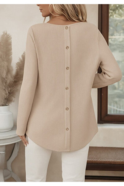 Little Visqon Kadın Uzun Kollu Yuvarlak Yaka Arkadan Düğmeli Waffle Bluz