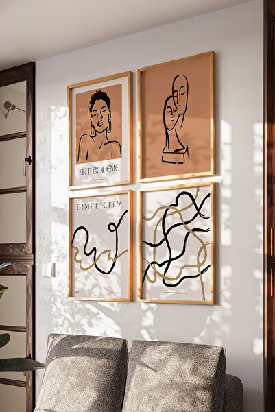 Basquiart Set de 4 postere cu ramă din lemn Toprak Bohem, set de picturi nr:12