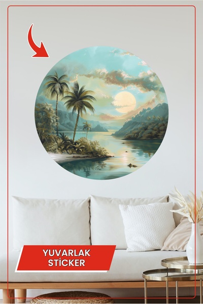 KOSS Dijital Autocolant rotund cu palmier la apus de soare tropical, peisaj e...