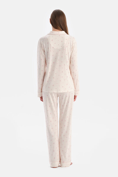 Eros Ecru Floral Patterned Shirt and Pants Set