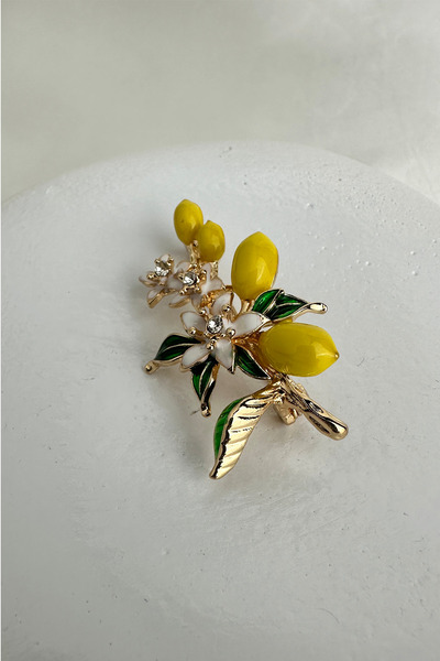 Modex Altın Rengi Yaprak Detay Mineli Limon Çiçeği Broş (4cm)