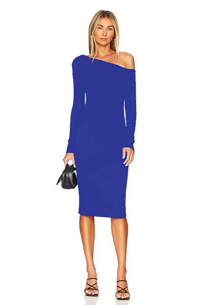 AFR CLOTHES ROCHIE MIDI FEMININĂ CU DUBLĂ STRATĂ, DINȚĂ DE JERSEY, CU UMĂRĂ DESCHISĂ