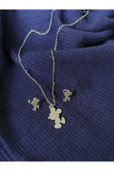 staınless steel Mickey Mouse Çilek Küpe Kolye Set