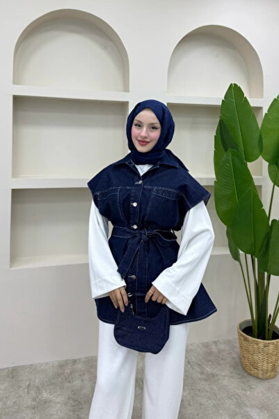 onlymoon Women's Denim Vest ♦   Navy Blue ♦   Double Pocket Belted ♦   Modern Casual Stylish Combination ♦   Denim Jacket