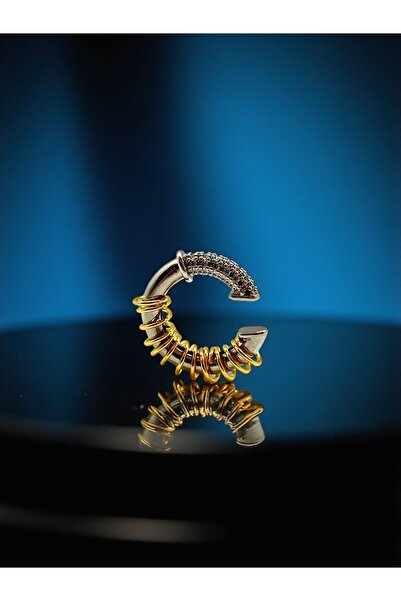 FUYA JEWELLERY Rodyum Kaplama Gold Detay Zirkon Taşlı Kıkırdak Küpe