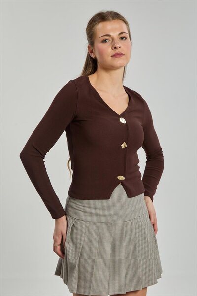 BARRELS AND OIL Women's V-Neck Long Sleeve Button Detailed Blouse - Brown