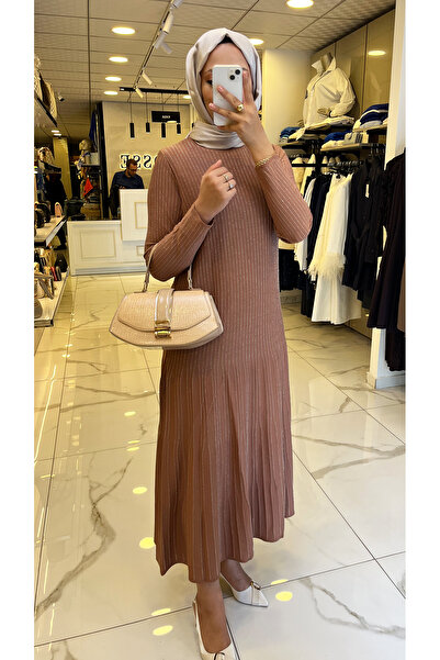 Vosse Tığ Triko Kahverengi Simli Elbise