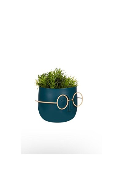OEM Ghiveci decorativ din plastic, față cu ochelari și plantă artificială verde, albastru, 11x11x14 cm