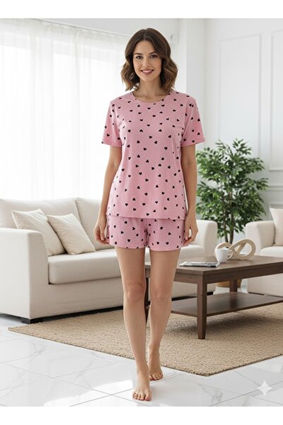 FAMES PİJAMA طقم بيجامة نسائية وردية بتفاصيل على شكل قلب