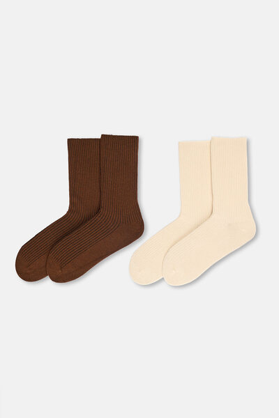 Eros Ecru-Brown Women's 2-Piece Ribbed Bamboo Socks