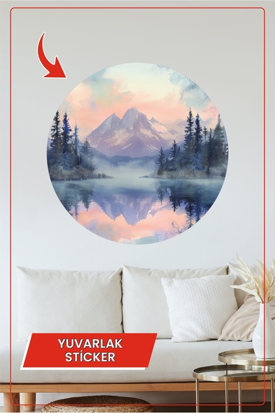 KOSS Dijital Autocolant rotund cu vedere la munte și lac în culori pastel Dec...