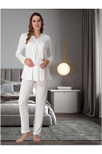 Lohusa Homewear Women's Ecru Special Design Lace Long Sleeve Cotton Maternity Pajama Set