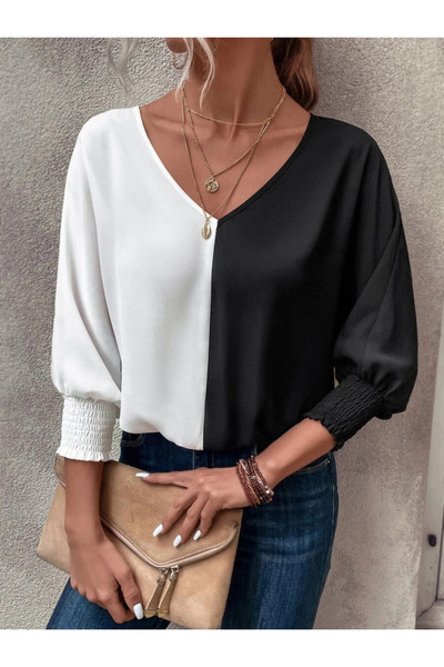 Wear Up Women's Long Sleeve V-Neck Cuff Elastic Sandy Blouse