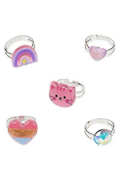 OEM Set Kids Rings, Cat and Heart Designs, Multicolor, Adjustable, 5 Pieces