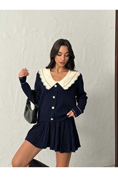 BEJNA Жіночий синій елегантний комір блуза спідниця верхній трикотажний комплект