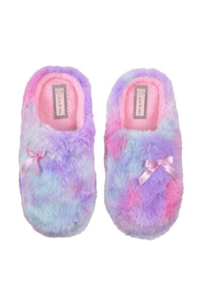 ANTBRO House Slippers for Girls with Faux Fur Tie Dye and Pink Bow, Non-Slip Sole, Size 39-40