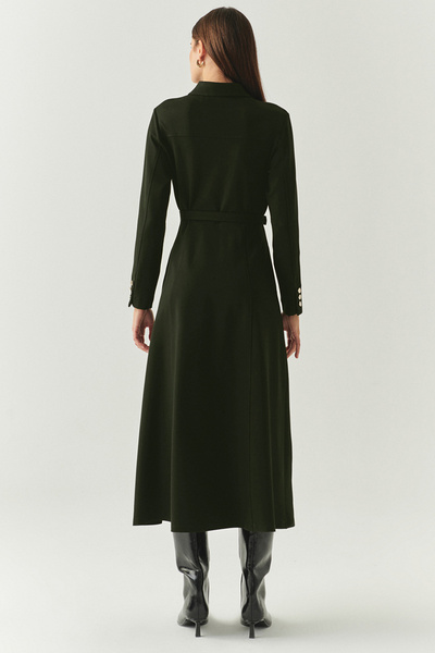 Exquise Kemerli Gömlek Yaka Cepli Slim Fit Midi Örme Elbise