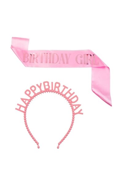 OEM Birthday Girl party set – pink ribbon (79 cm) and beaded hair crown, 2 pieces