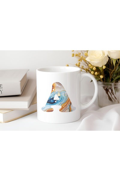 Beramussa كوب من الرخام بنقش حرف A - تصميم أزرق عصري - هدية كوب للقهوة والشاي