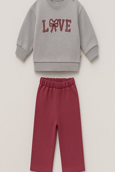dinamik çocuk Baby Girl Love Embroidered 2-Piece Set Sweatshirt and Sweatpants 3-Thread Ribbed Winter 6-24 Months
