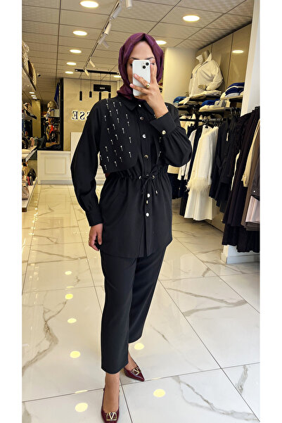 Vosse Moda İlgi Siyah Beli Büzgülü Taş Detaylı Takım