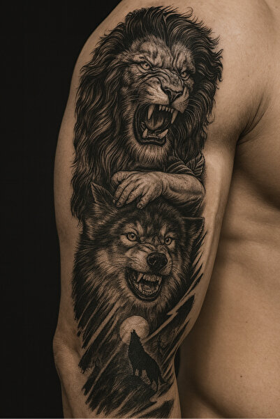 TAKIŞTIR Aslan Figürlü 12 Saat Sonra Kararan Geçici Kol Dövme Tattoo